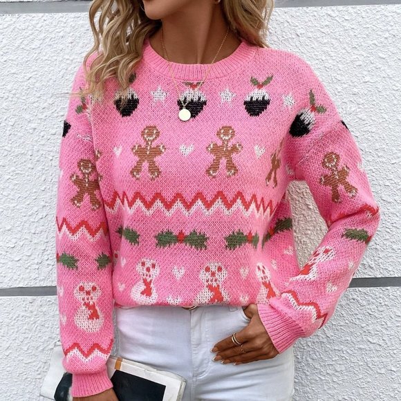 Pink Casual Womens Christmas Pattern Drop Shoulder Sweater - Picture 4 of 5